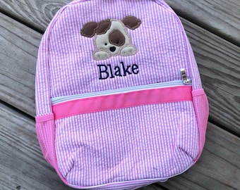 Applikation Welpen Seersucker Rucksack - Monogramm Tasche - Seersucker Wickeltasche - Personalisierte Seersucker Tasche - Monogramm Sersucker Tasche