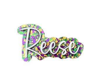 Mardi Gras acryl naam haarclip - Mardi Gras haartoebehoren - Mardi Gras haarclip - paars groen gouden haarclip