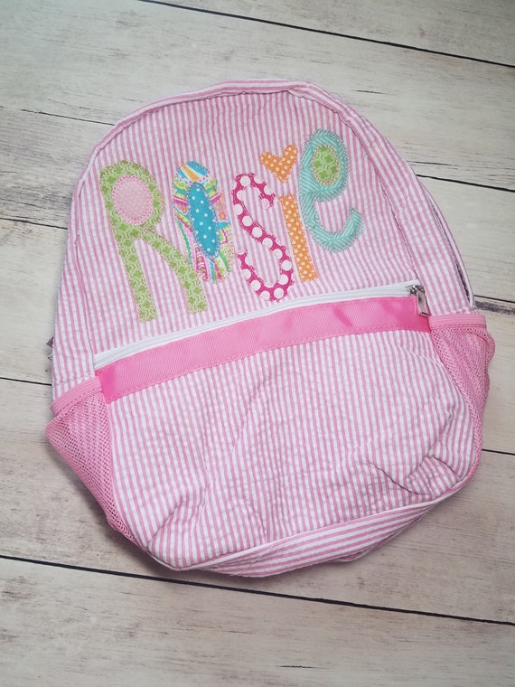 Applique Name Backpack - Back to Scool Backpack - Toddler Personalized Seersucker Backpack - Custom Name Backpack - Embroidered Seersucker