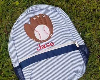 Baseball Rucksack aus Seersucker - Jungen Monogramm Tasche - Seersucker Wickeltasche - Personalisierte Seersucker Tasche - Mit Monogramm Sersucker Tasche