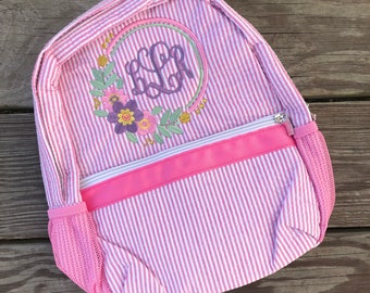 Floraler Rahmen monogrammierter Seersucker-Rucksack – personalisierte Tasche – Seersucker-Monogramm-Tasche – personalisierte Tanztasche – monogrammierte Wickeltasche