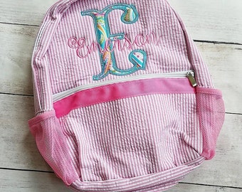 Monogrammed Seersucker Backpack - Personalized Seersucker Backpack - Seersucker Backpack with Initials - Toddler Seersucker Backpack