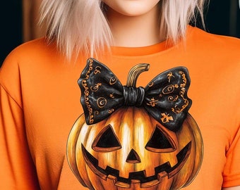 Coquette Pumpkin PNG - Halloween Jack O Lantern with Bow, Cute Retro Fall Sublimation Design