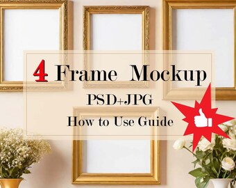 4 Bilderrahmen Mockup - Set mit vier modernen Goldrahmen Mockup PSD Wall Art Mockup. Sofortiger Download