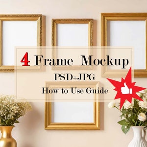 4 Frame Mockup - Set of four modern gold frames mockup PSD Wall Art Mockup. Instant download