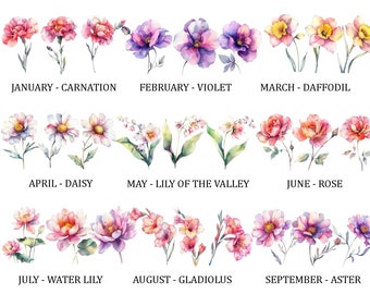 Könnte beinhalten: Aquarell-Illustration von zwölf verschiedenen Blumen, die jeden Monat des Jahres repräsentieren. Januar ist eine Nelke, Februar ist eine Veilchen, März ist eine Narzisse, April ist eine Gänseblümchen, Mai ist ein Maiglöckchen, Juni ist eine Rose, Juli ist eine Seerose, August ist eine Gladiole, September ist eine Aster, Oktober ist eine Ringelblume, November ist eine Chrysantheme und Dezember ist eine Stechpalme.