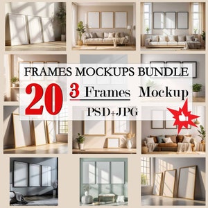Può includere: Una collezione di mockup con varie cornici in diversi ambienti interni. L'immagine include diversi arrangiamenti di opere d'arte incorniciate, mostrando diversi stili e dimensioni di cornici, con il testo "FRAMES MOCKUPS BUNDLE 20 3 Frames Mockup PSD+JPG".