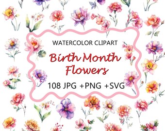 Paquete de flores para el mes de nacimiento (108 archivos JPG, PNG, SVG), paquete de flores de nacimiento, flores digitales, flores de nacimiento png