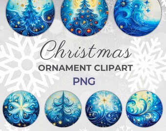 Weihnachtsschmuck-PNG-Bundle, 7 blaue Weihnachts-Sublimationsdesigns, runder Weihnachtsschmuck (PNG), Weihnachtsbaum-Clipart