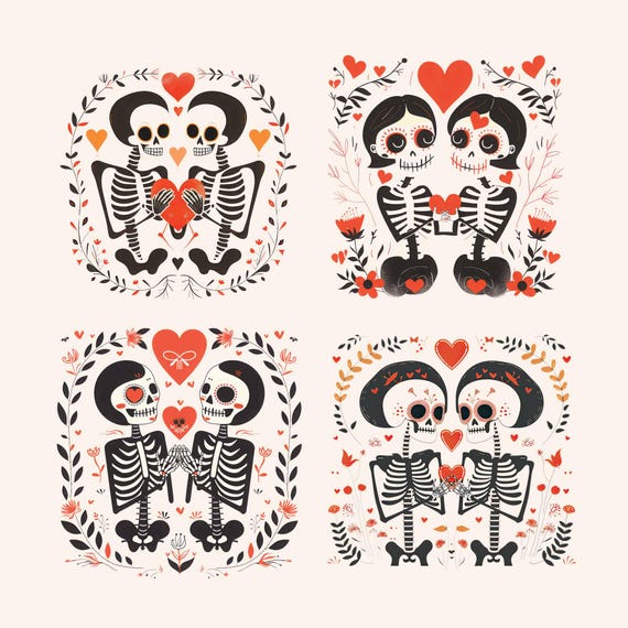 Skeleton Couple PNG Bundle - 4 Romantic Halloween Skeletons, Valentine Gothic Love Clipart