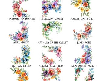 Birth Flower Clipart Bundle: Watercolor Floral Corner (Digital Download)
