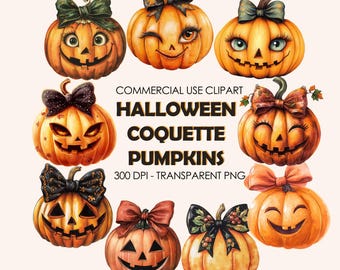 Coquette Pumpkin PNG Bundle - 9 Retro Halloween Watercolor Pumpkins with Bows, Fall Sublimation Clipart