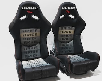 Carbon Fiber Shell !! Bride Style Cloth Black Cushion Seats Reclinable 2 Pieces US Lowmax Japan JDM SEAT Bucket Racing + Rails & Slider