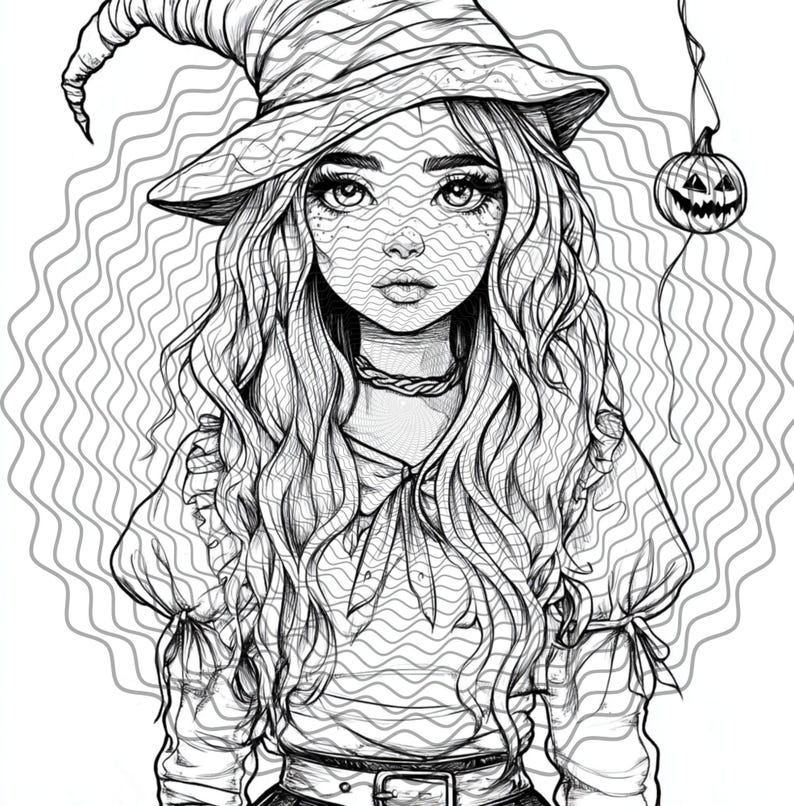 May include: A black and white line drawing of a witch wearing a pointed hat and a long dress. She has long, flowing hair and a serious expression on her face. A small pumpkin is hanging from a string above her head.