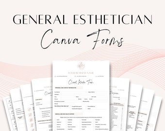 May include: A set of 16 printable forms for estheticians, designed for use with Canva. The forms include a client intake form, a medical and skin history form, and a treatment plan form. The forms are designed in a minimalist style with a pink and white color scheme.