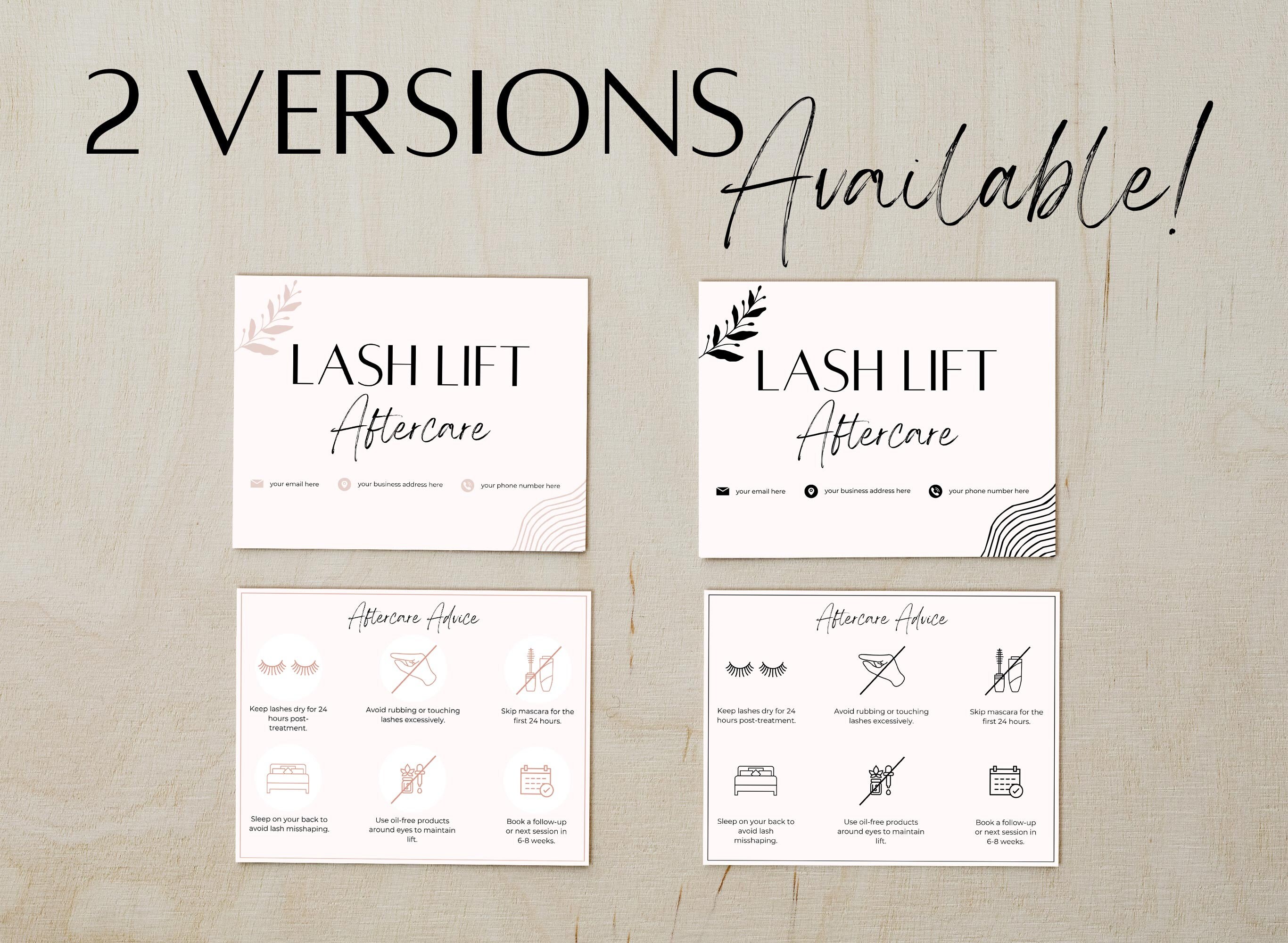 Lash Lift Aftercare Cards - Printable &amp; Customizable Care Instruction Templates for Estheticians ...