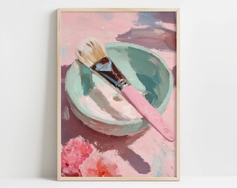 Spa Self-Care Tools Print, Pastel Wall Art for Salons, Printable Pink Silicone Facial Brush & Mint Bowl, Calming Feminine Decor, Digital