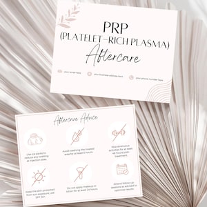 Tarjetas de cuidados posteriores PRP con plasma rico en plaquetas: plantillas de instrucciones de cuidado personalizables e imprimibles para esteticistas, spas, salones y servicios de belleza