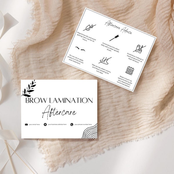 Brow Lamination Aftercare Cards - Printable & Customizable Care Instruction Templates for Estheticians, Spas, Salons, Beauty Services