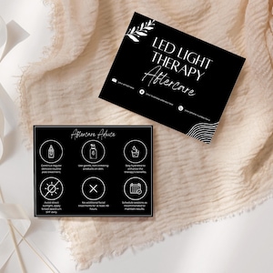 Cartões de cuidados posteriores para terapia de luz LED - Modelos editáveis de cartões de cuidados pós-tratamento para serviços de estética, esteticistas, salões de beleza e spas