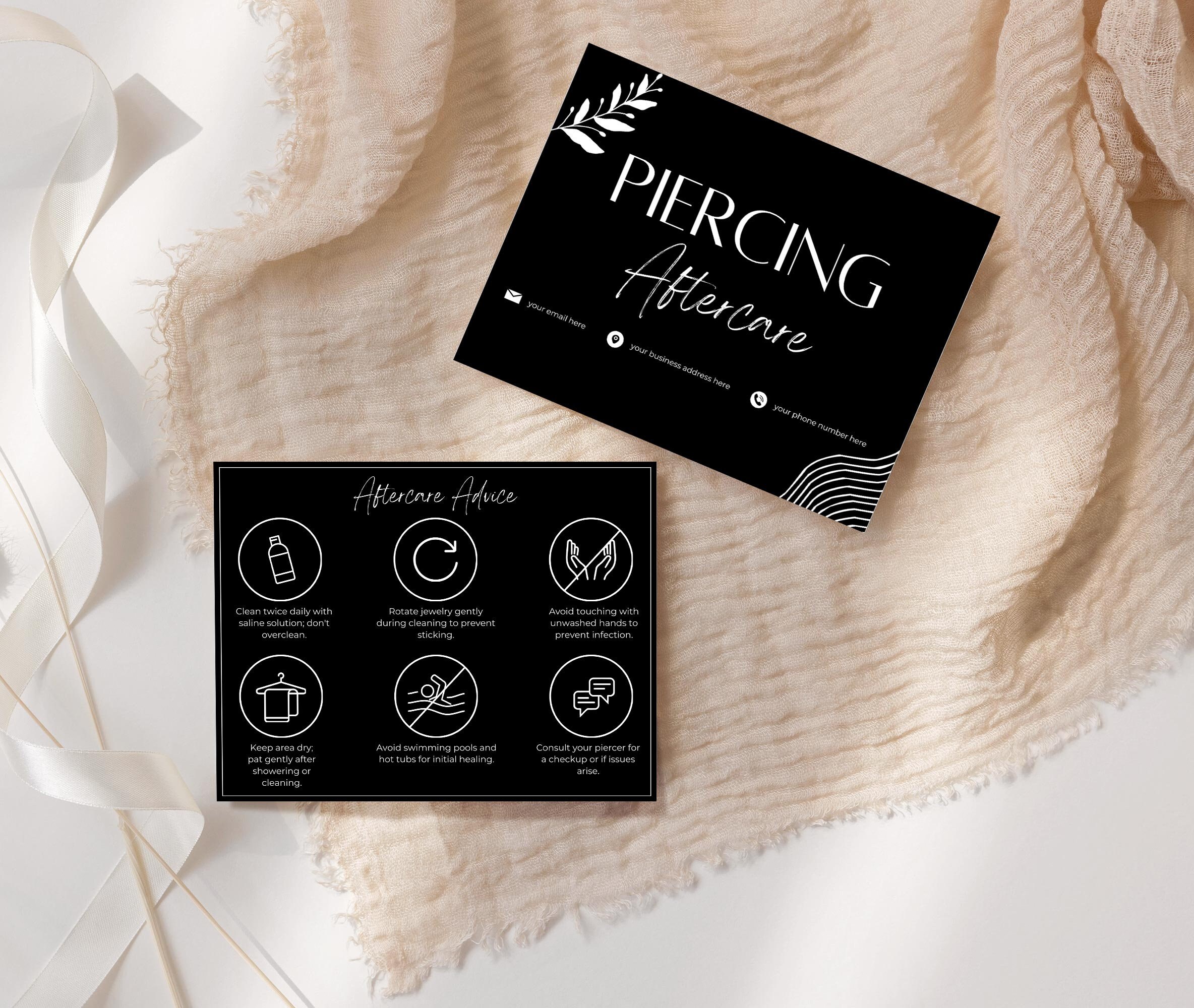 Piercing Aftercare Cards - Editable Post-Treatment Care Card Templates for Aesthetic Services, Estheticians, Salons, Spas, Small Businesses