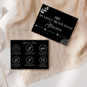 May include: Black and white aftercare advice card for PRP (Platelet-Rich Plasma) treatments. The card includes icons and instructions for using ice packs, avoiding strenuous activities, keeping the skin protected from sun exposure, and not applying makeup for at least 24 hours.