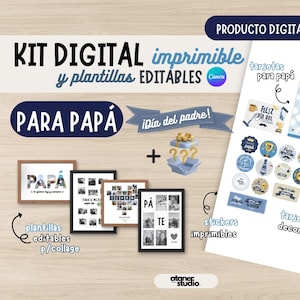 Kit Digital DÍA DEL PADRE - Stickers, Tarjetas y Cartas Imprimibles, Plantillas para Marcos de Fotos Editables en Canva + Regalo Sorpresa