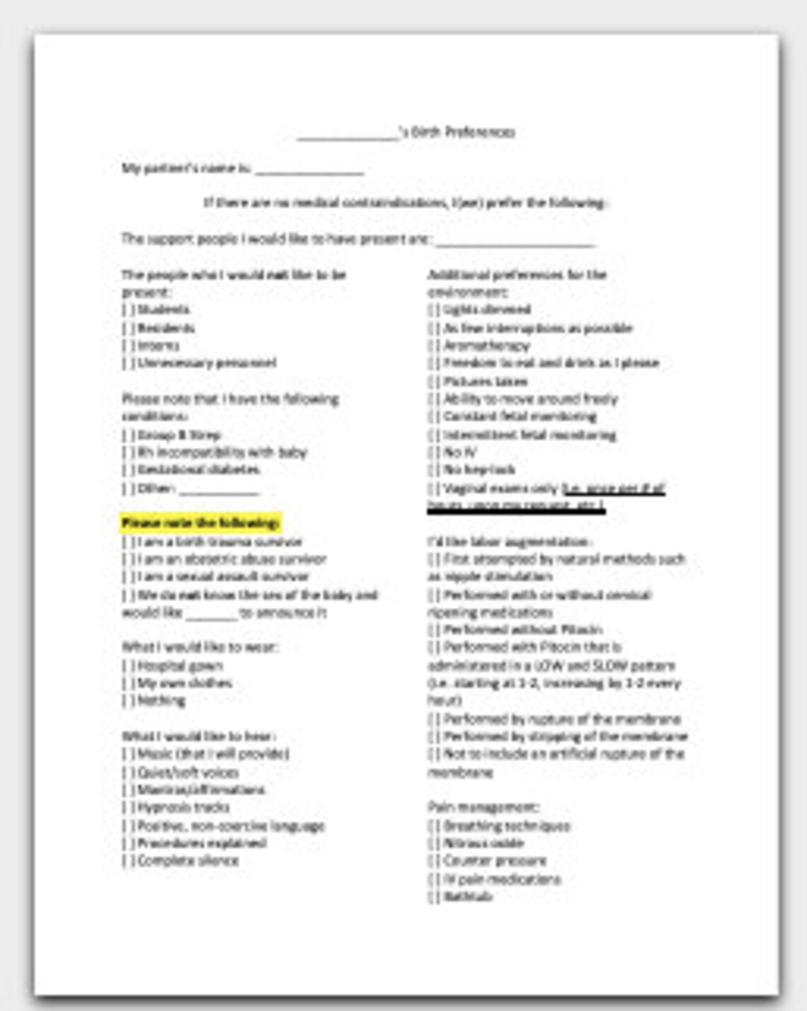 Birth Plan Template, Childbirth Plan, Birth Preferences, Editable
