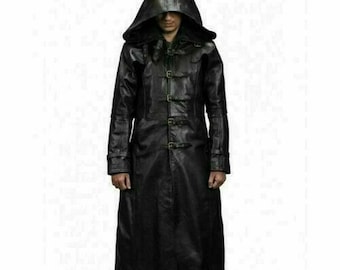 Gabardina de cuero negra con capucha para hombre
