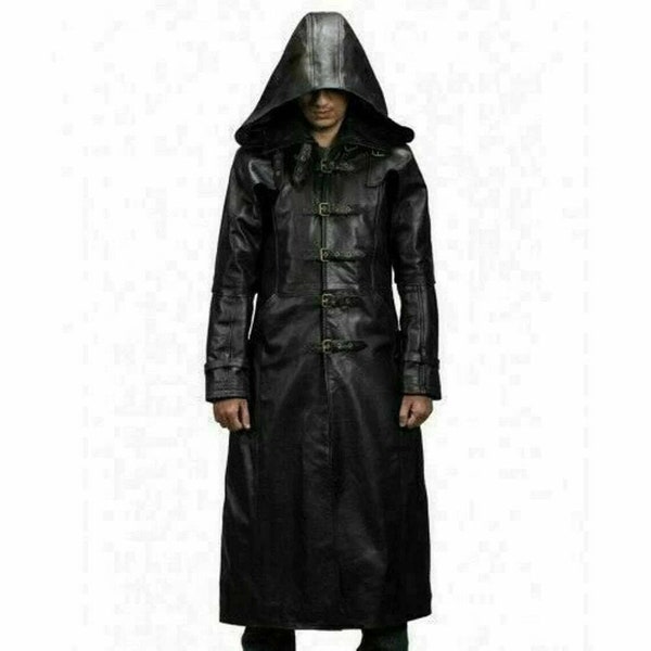 Herren Schwarz Leder Trenchcoat Mit Kapuze