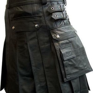 Men&#39;s Black Genuine Leather Pleated Kilt