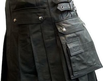 Men's Black Genuine Leather Pleated Kilt