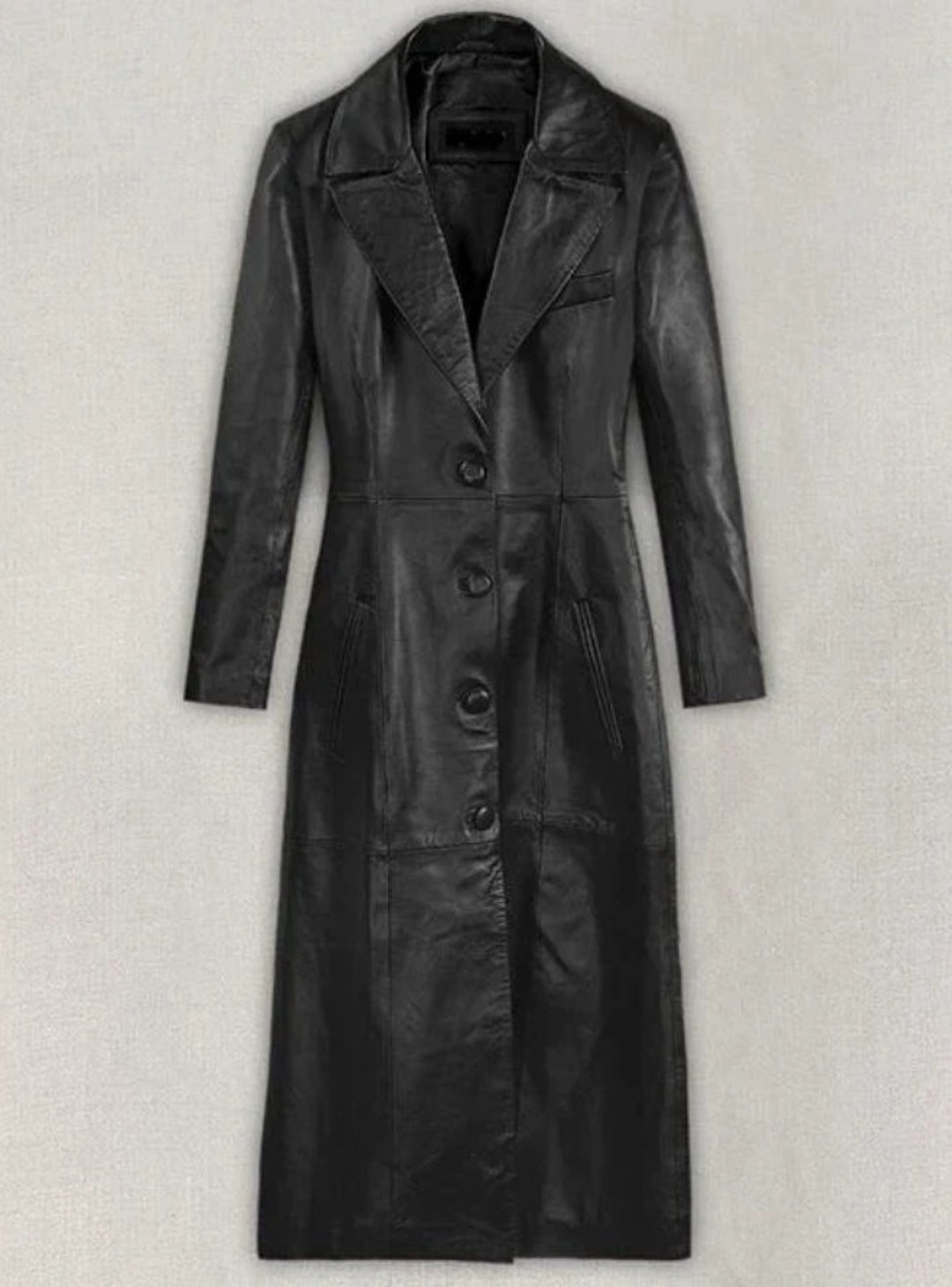 Women's Vintage Black Leather Long Jacket L/XL