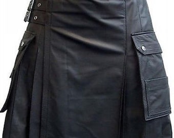 May include: Black leather kilt with pleats, pockets, and silver-tone hardware. The kilt features a belt with buckles and decorative rivets. A traditional garment with a modern, edgy style.