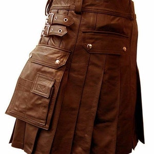 Men&#39;s Brown Genuine Leather Pleated Kilt