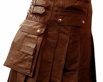 May include: A brown leather kilt with multiple pockets and buckles. The kilt has a pleated design and is made of genuine leather.