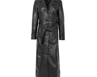 Gabardina larga de cuero negra para mujer