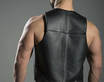 Chaleco de camarero abierto de cuero genuino negro para hombre