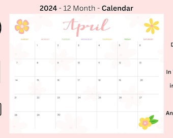 Printable Calendar 2024 | Monthly Planner 2024 | Letter size | Landscape | Sunday Start | Fun | Download | Digital PDF & JPEGs