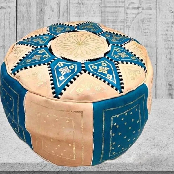 Pouf en cuir marocain fabriqué à la main 100 % cuir