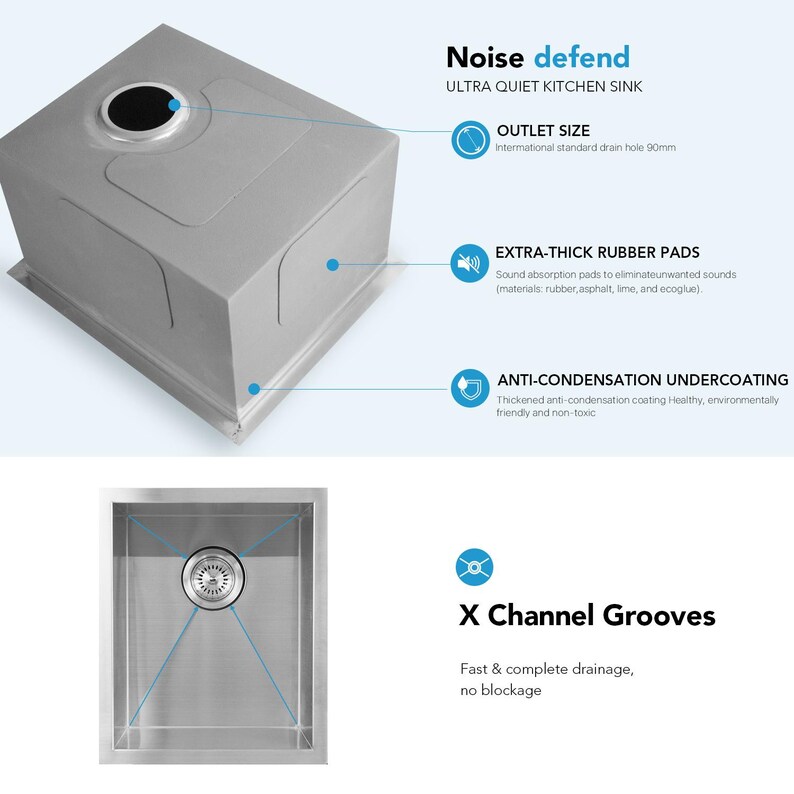 Może przedstawiać: Zlewozmywak kuchenny ze stali nierdzewnej z napisem "Noise defend ULTRA QUIET KITCHEN SINK". Posiada wylot 90 mm, bardzo grube gumowe podkładki, powłokę antykondensacyjną i rowki X dla szybkiego drenażu.