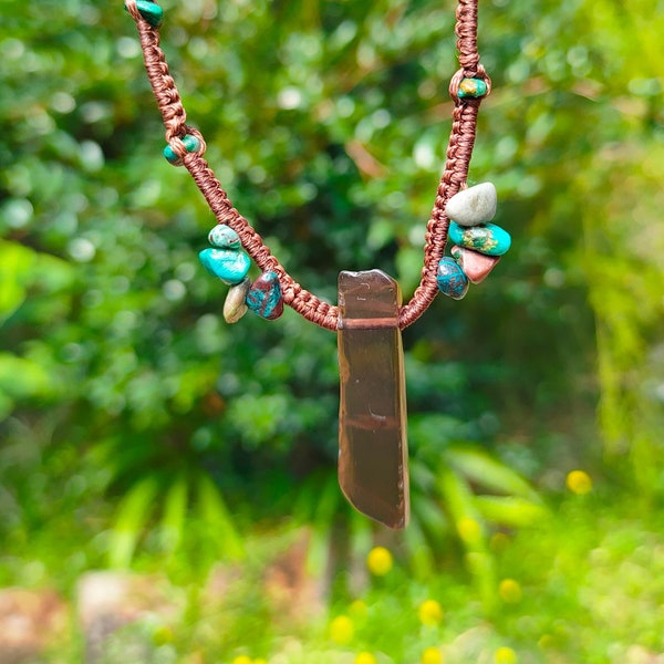 Smoky Quartz Chrysocolla Necklace - for protection and, inspiration and communication. adjustable bohemian stylish natural necklace