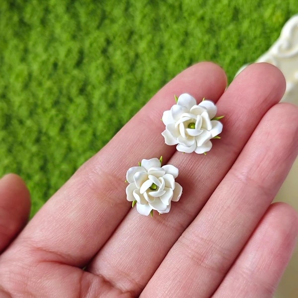 Handmade White Gardenia Flower Earrings – Polymer Clay Floral Studs, Lightweight & Elegant, Nature Inspired Jewelry