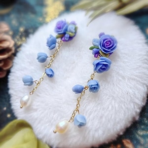 Blue Flower Dangle Earrings Blue Roses Floral Bouquet Spring Flowers Polymer Clay Earrings Handmade Flower Earrings Gift for her