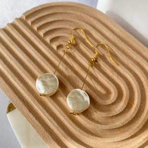 Baroque Flat Coin Pearl Long Dangle Earrings, Long Drop Pearl Earrings, Wedding Pearl Dangle Earrings, Minimalist Pearl Earrings