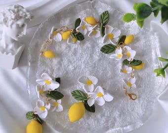 Lemon Flower Jewelry Set - Polymer Clay Dangle Earrings and Bracelet with White Blossom flower and Green Leaf Cute Fruit Jewelry for Summer