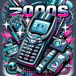 Puede incluir: Una ilustración colorida de un teléfono móvil retro, una cinta de casete, una cámara y una pequeña radio. El teléfono móvil es un teléfono plegable con una pantalla azul y el texto "ACMERITONT" en él. La ilustración está sobre un fondo azul, verde y rosa con la palabra "2000s" en letras grandes y negritas.