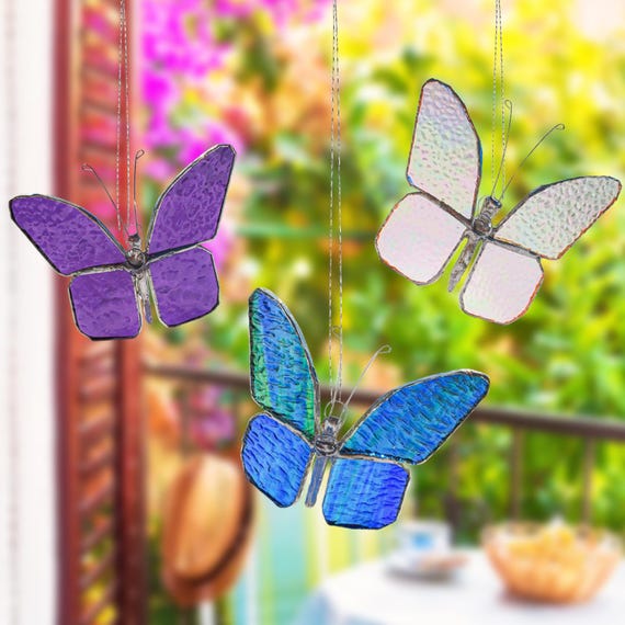 Butterfly Stained Glass Window Hangings. Modern Fly Insect Custom Suncatcher. Great for Christmas tree or gift for mom. Comes with box!