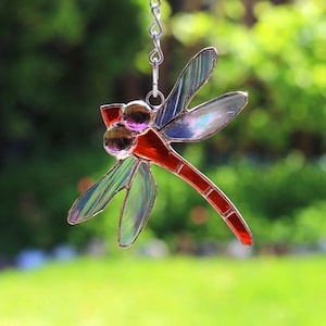 Handmade Stained Glass Dragonfly Suncatcher - bug Window Hanging Garden Decor - Colorful Insect Ornament Nature Inspired Gift for mom