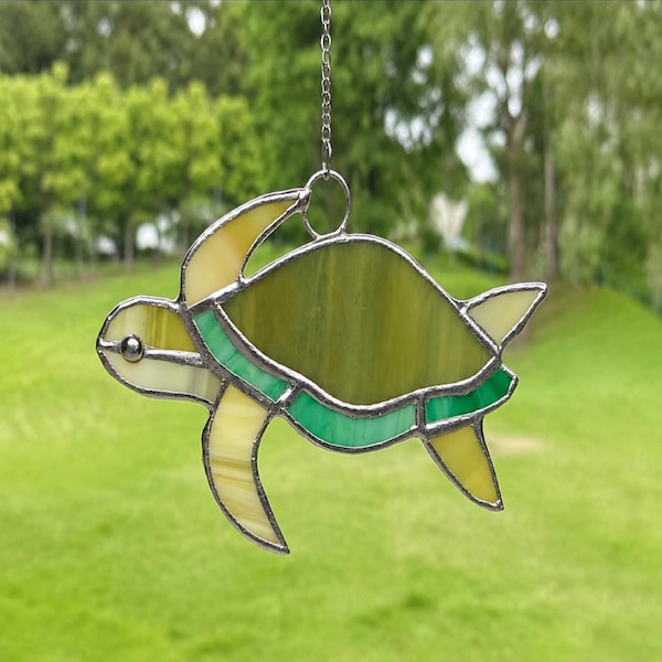 Handmade Stained Glass Turtle Suncatcher Window Decor Ocean Inspired Ornament Coastal Gift for mom or tree ornament. Comes with Gift Box!